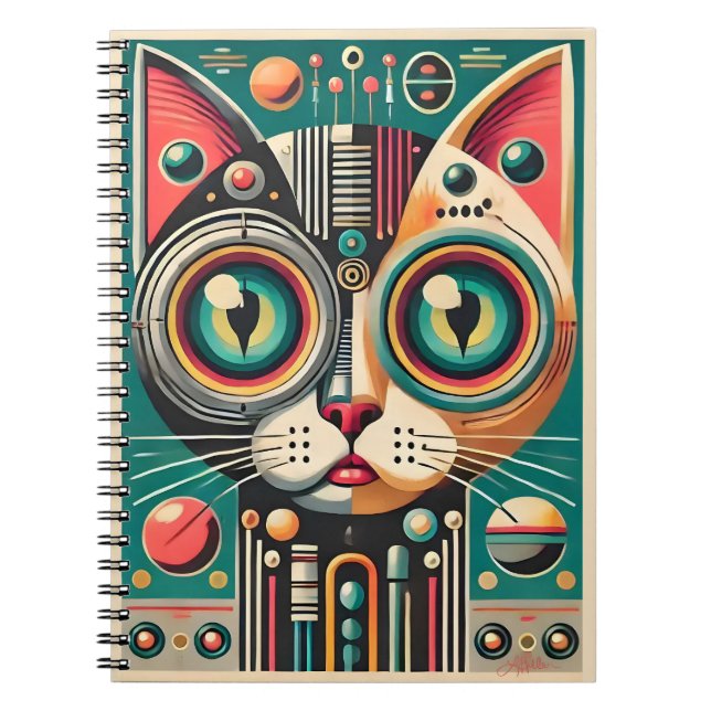 Mid Century Retro Futuristic Circuit Cat Notebook (Front)