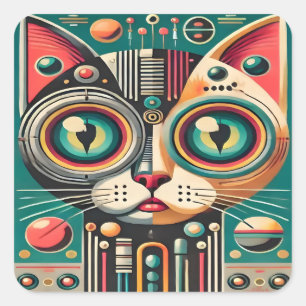 Mid Century Retro Futuristic Circuit Cat Square Sticker