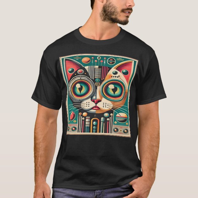 Mid Century Retro Futuristic Circuit Cat T-Shirt (Front)