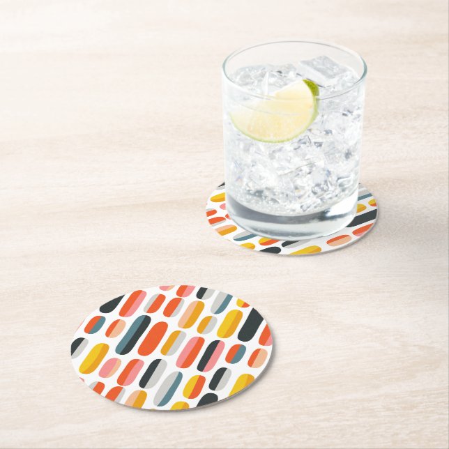Mid Century Retro Geometric Abstract Pattern Round Paper Coaster (Insitu)