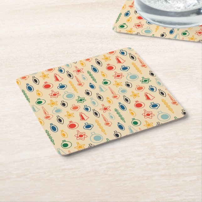 Mid Century Retro Pattern with Christmas Tree Toys Square Paper Coaster (Angled)