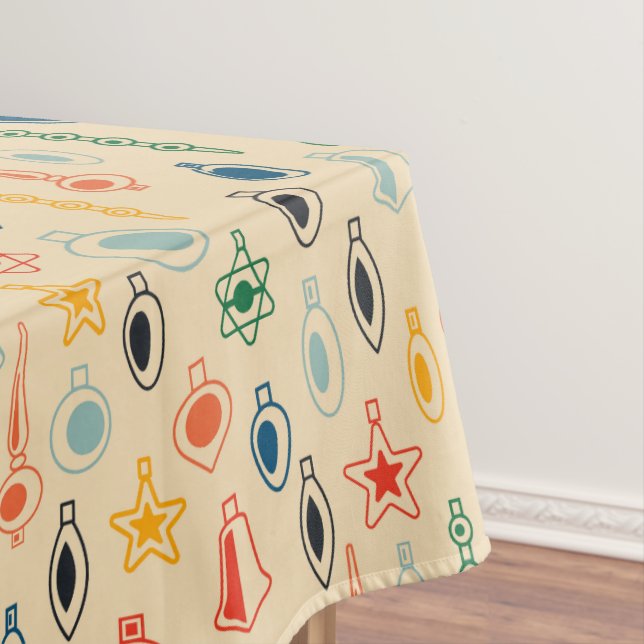 Mid Century Retro Pattern with Christmas Tree Toys Tablecloth (In Situ)