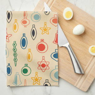 Mid Century Retro Pattern with Christmas Tree Toys Tea Towel