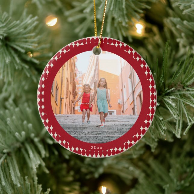 Mid Century Retro Red Baubles 2023 Photo Christmas Ceramic Ornament (Tree)