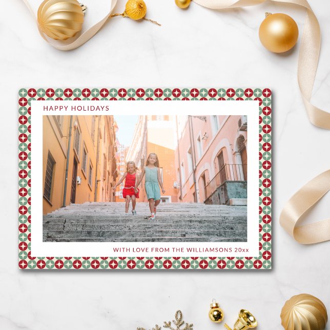 Mid Century Retro Red Sage Green Unique Two Photo  Holiday Card (Creator Uploaded)