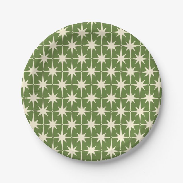 Mid-century Retro Starbursts Green Cream Pattern  Paper Plate (Front)