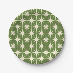 Mid-century Retro Starbursts Green Cream Pattern   Paper Plate