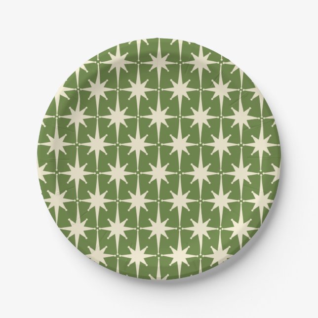 Mid-century Retro Starbursts Green Cream Pattern   Paper Plate (Front)