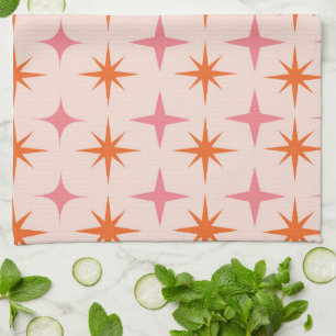 Mid Century Retro Starbursts in Pink and Orange Tea Towel