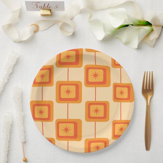 Mid Century Retro Starbursts on Abstract Squares  Paper Plate (Wedding)