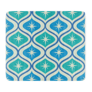 Mid Century Retro Starbursts On Blue Ogee Pattern Cutting Board