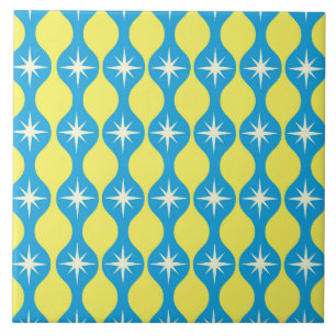 Mid Century Retro Starbursts on Blue Yellow Ogee  Ceramic Tile