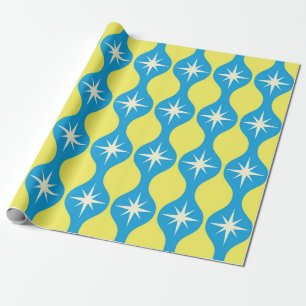 Mid Century Retro Starbursts on Blue Yellow Ogee  Wrapping Paper