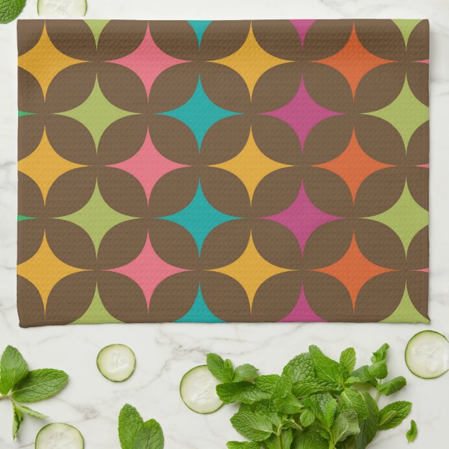 Mid Century Retro Starbursts on Brown Pattern  Tea Towel (Folded)
