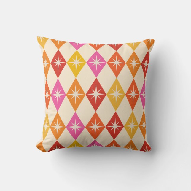Mid Century Retro Starbursts on Colourful Diamonds Cushion (Front)