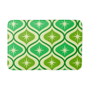 Mid Century Retro Starbursts On Green Ogee Pattern Bath Mat