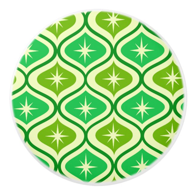Mid Century Retro Starbursts On Green Ogee Pattern Ceramic Knob (Front)