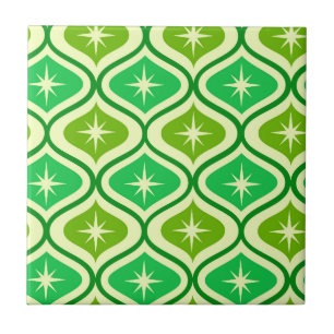Mid Century Retro Starbursts On Green Ogee Pattern Ceramic Tile