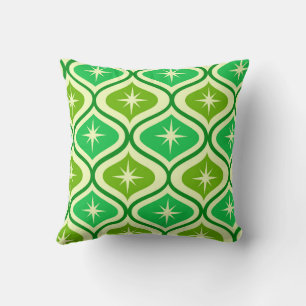 Mid Century Retro Starbursts On Green Ogee Pattern Cushion