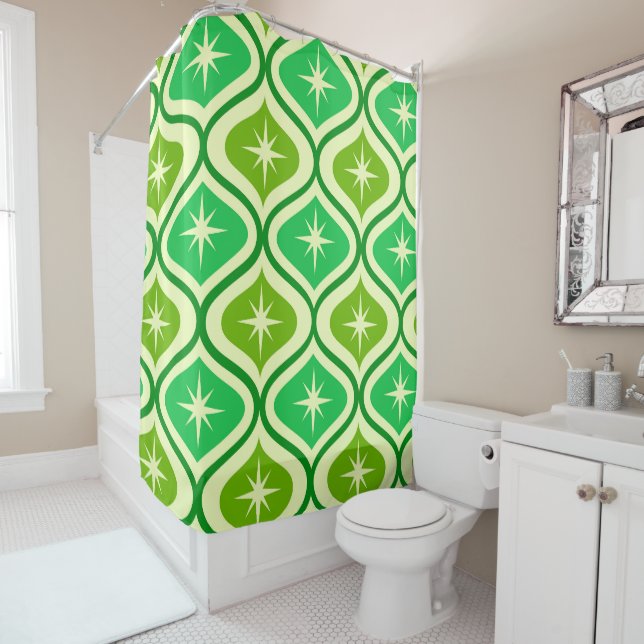 Mid Century Retro Starbursts On Green Ogee Pattern Shower Curtain (In Situ)