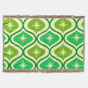 Mid Century Retro Starbursts On Green Ogee Pattern Throw Blanket