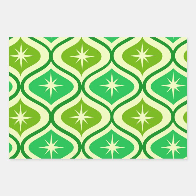 Mid Century Retro Starbursts On Green Ogee Pattern Wrapping Paper Sheet (Front)