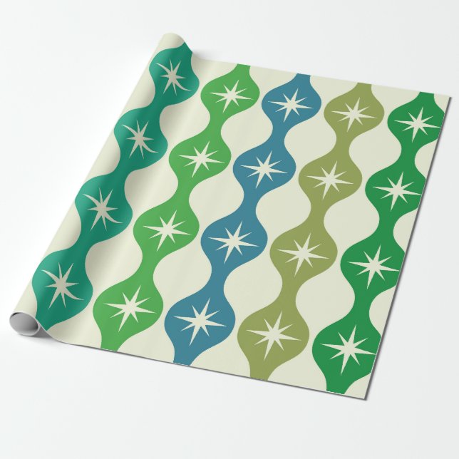 Mid Century Retro Starbursts on Green Ogee  Wrapping Paper (Unrolled)