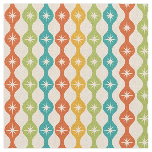Mid Century Retro Starbursts on ogee pattern Fabric (Close Up)