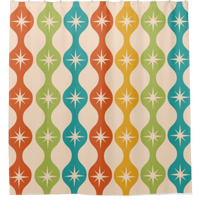 Mid Century Retro Starbursts on ogee pattern    Shower Curtain (Front)