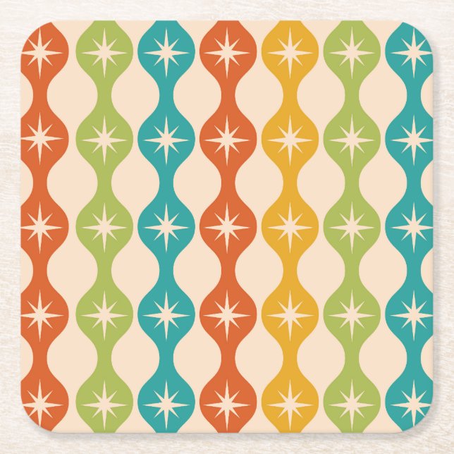 Mid Century Retro Starbursts on ogee pattern      Square Paper Coaster (Front)