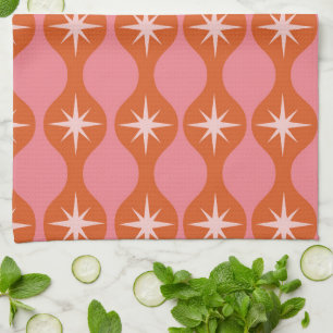Mid Century Retro Starbursts  on Pink Orange Ogee  Tea Towel