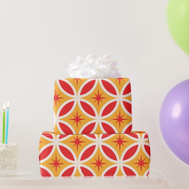 Mid Century Retro Starbursts on Red Circles  Wrapping Paper (Party Gifts)