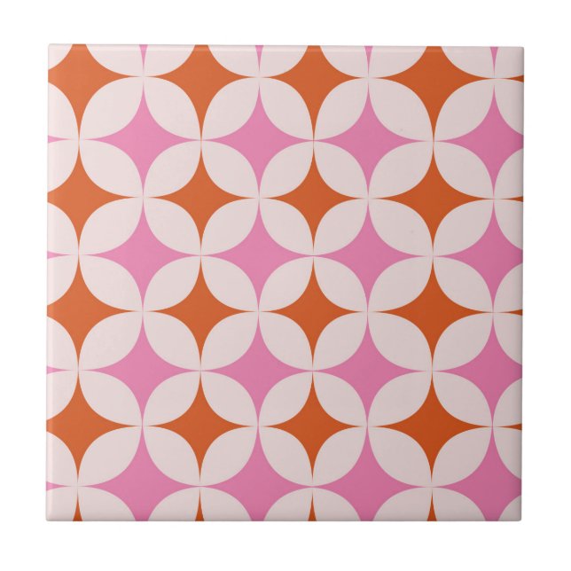 Mid Century Retro Starbursts Pattern Orange Pink  Ceramic Tile (Front)