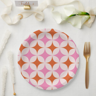 Mid Century Retro Starbursts Pattern Orange Pink  Paper Plate