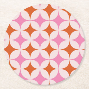 Mid Century Retro Starbursts Pattern Orange Pink Round Paper Coaster