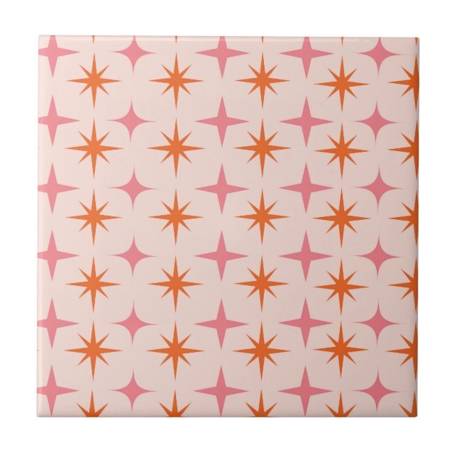 Mid Century Retro Starbursts Pattern Pink Orange  Ceramic Tile (Front)