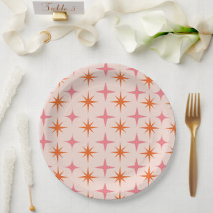 Mid Century Retro Starbursts Pattern Pink Orange Paper Plate