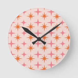 Mid Century Retro Starbursts Pattern Pink Orange  Round Clock