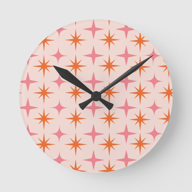 Mid Century Retro Starbursts Pattern Pink Orange  Round Clock (Front)