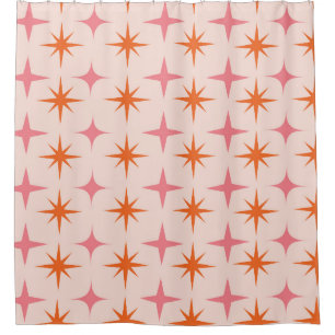 Mid Century Retro Starbursts Pattern Pink Orange  Shower Curtain