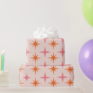 Mid Century Retro Starbursts Pattern Pink Orange  Wrapping Paper