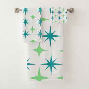 Mid Century Retro Starbursts Pattern teal green Bath Towel Set