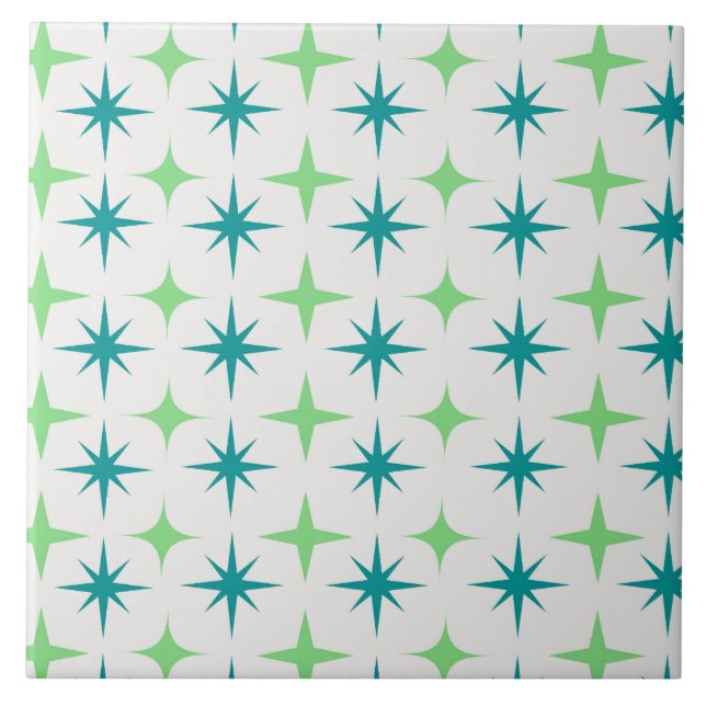 Mid Century Retro Starbursts Pattern teal green  Ceramic Tile (Front)