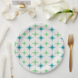 Mid Century Retro Starbursts Pattern teal green Paper Plate