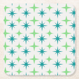 Mid Century Retro Starbursts Pattern teal green Square Paper Coaster