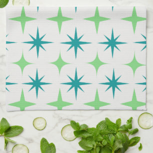 Mid Century Retro Starbursts Pattern teal green Tea Towel