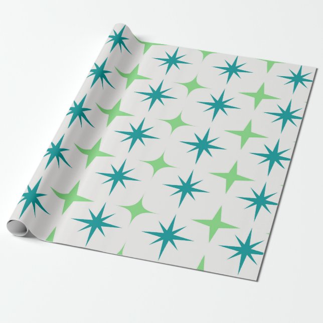Mid Century Retro Starbursts Pattern teal green  Wrapping Paper (Unrolled)