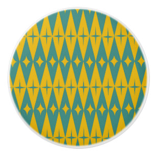 Mid Century Retro Stars on Teal Mustard Diamonds  Ceramic Knob