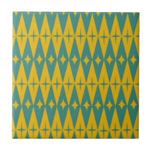 Mid Century Retro Stars on Teal Mustard Diamonds  Ceramic Tile