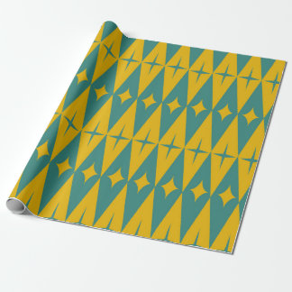 Mid Century Retro Stars on Teal Mustard Diamonds  Wrapping Paper